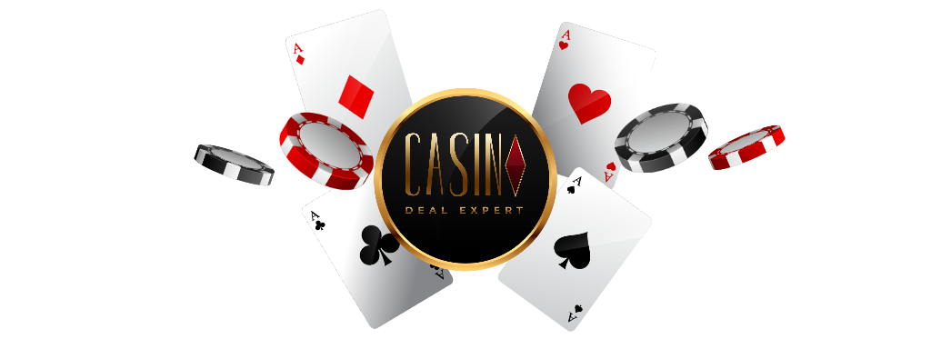 CasinoDealExpert logo z kartami do gry i zetonami kasynowymi